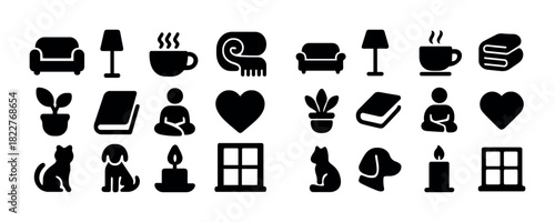 Cozy home icons: furniture, plants, pets, books, and relaxation