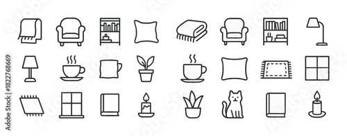 Home interior outline icons collection: furniture, decor, plants, pets, candles, windows