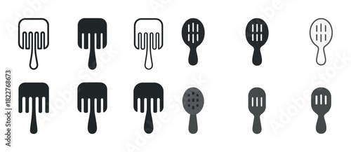 Icon set of various hair brushes featuring different shapes and styles