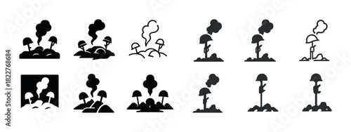 Mushroom cloud silhouettes emitting smoke in various icon styles