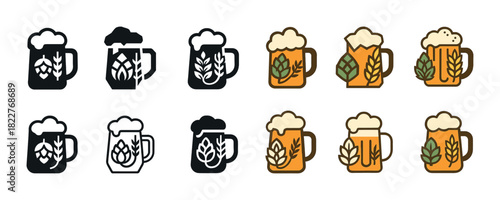 Beer icons set: mugs with foam and hops in various design styles