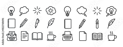 Creative icons: lightbulb, ideas, writing, typewriter, book, coffee