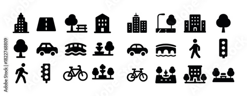 Urban icons set: buildings, cars, trees, bicycles, and bridges in black silhouettes