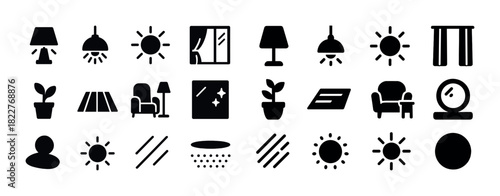 Collection of minimalist home furniture and decor icons in black and white design