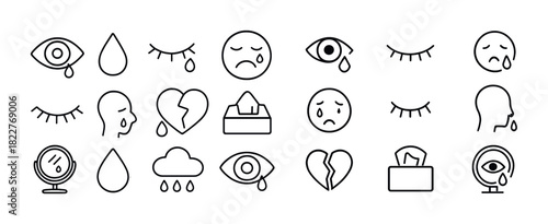 Sadness and tears: emotional icons of eyes, tears, broken hearts, and faces in line art style
