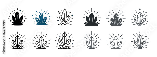 Variety of stylized crystal icons in monochrome and color