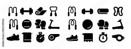 Silhouette icons of fitness equipment including dumbbell, treadmill, and yoga mat