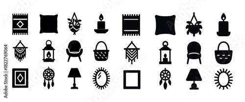 Set of home decor icons: cushions, plants, candles, chairs, baskets, lamps