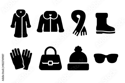 High Fashion Winter Icons. High fashion winter. Filled icon set of high fashion winter: long fur coat, short