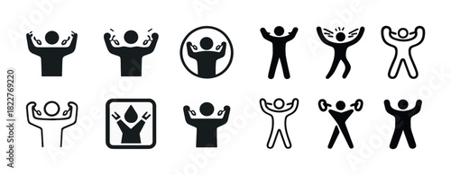 Collection of joyful human figures icons displaying excitement in various poses