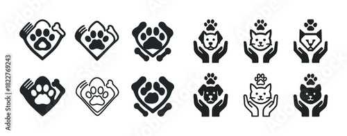 Paw print and pet icons: dog and cat care symbols in black and white
