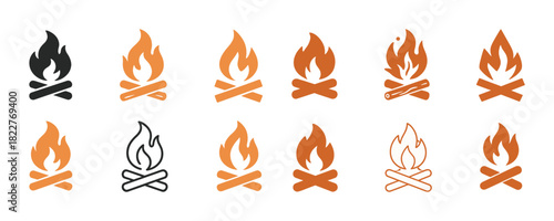 Collection of campfire icon variations in multiple styles and colors