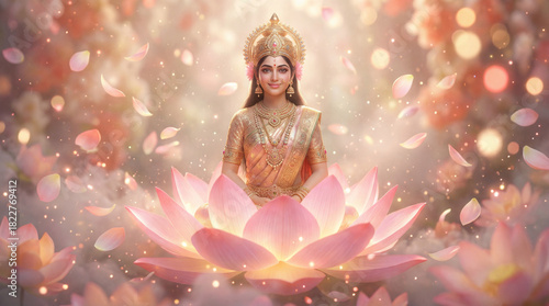 Divine goddess in golden attire, seated gracefully on a radiant pink lotus flower amidst ethereal glow and floating petals