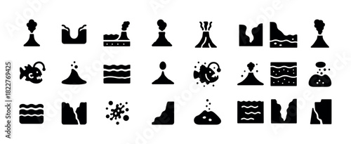 Set of black volcanic eruption and geological icons on white background