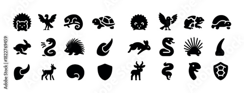 Silhouettes of diverse animal icons including hedgehog, turtle, and goat