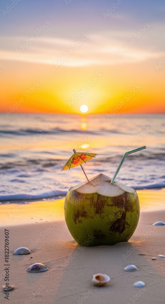 Fototapeta premium Refreshing green coconut drink with straw umbrella on sandy beach tranquil tropical sunset scene