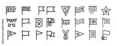 Set of 24 line art icons featuring flags, banners, and medals