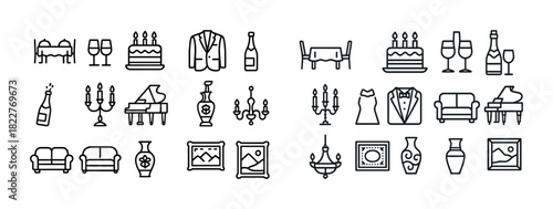 Elegant dining and decor icons: cakes, candles, and fine dining elements