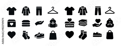Set of clothing and donation icons featuring shirts, coats, pants, and accessories