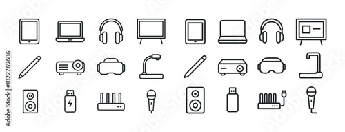 Set of minimalist black electronic device icons: laptop, headphones, projector, microphone