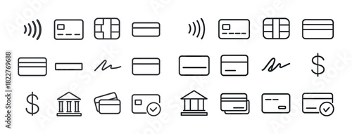 Outline icons of credit cards and banking symbols
