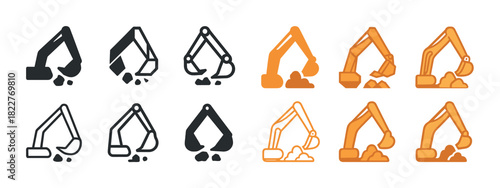 Icon set of excavator arm variations in black and orange