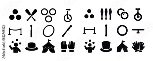 Circus and juggling icons set: juggler, unicycle, clubs, tent, tightrope, trapeze