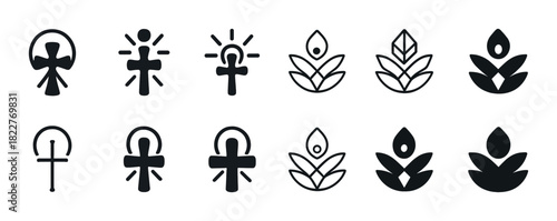 Collection of simple spiritual and nature icons - cross, leaf, candle designs