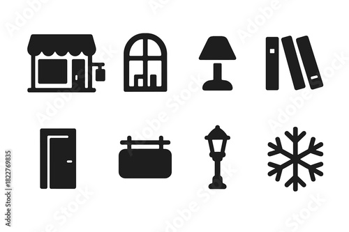 Holiday Bookstore Icons. Holiday Bookstore. Filled icon set of Holiday Bookstore: bookstore, window, warm
