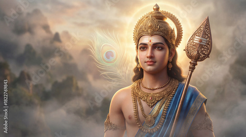 Divine depiction of lord murugan, the hindu god of war, with a golden crown and spear