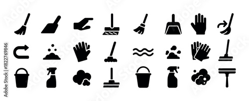 Cleaning tools icons: broom, mop, dustpan, gloves, bucket, spray, squeegee