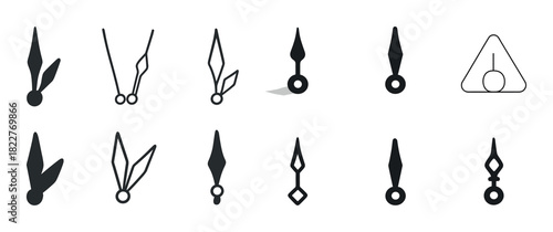 Set of diverse clock hand designs in black and white icons