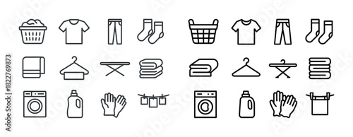 Laundry icons set: baskets, clothing, towels, appliances, hangers
