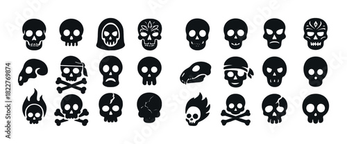 Collection of diverse skull illustrations in black silhouettes