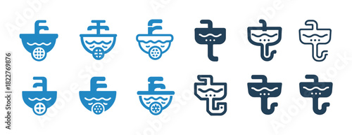 Set of blue and black bathroom sink icons in various styles