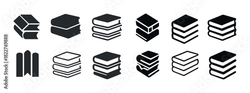 Collection of black and white stack of books icons in various styles