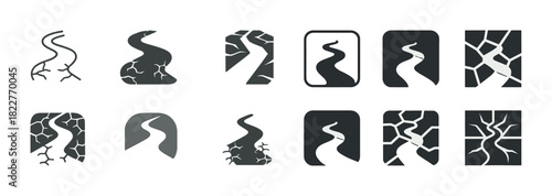 Set of cracked road icons illustrating different shapes and textures