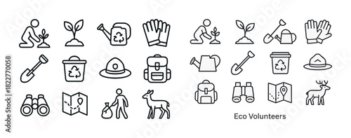 Eco volunteer icons: planting, recycling, hiking, conservation activities