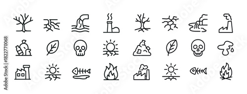 Environmental icons: pollution, deforestation, climate change, conservation symbols