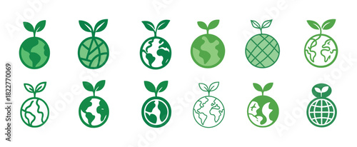 Green globe icons with leaf designs symbolizing environmental sustainability