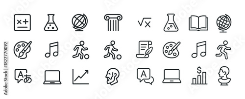 Educational icon set featuring science, music, sports, languages, arts, and mathematics symbols