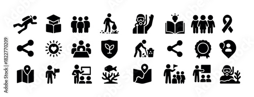 Black icon set: education, ecology, navigation, sharing, community, travel, diving, awareness