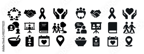 Variety of black and white icons representing community, health, education, and relationships