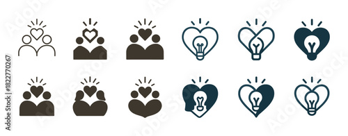Icons depicting community and innovation with heart and light bulb designs