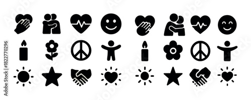 Symbols of love, peace, and happiness: icons of heart, peace sign, candle, flower, sun, star, smile