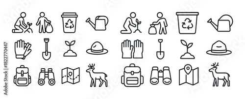 Environmental conservation icons set: recycling, planting, exploration symbols