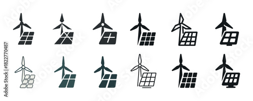 Set of wind turbine and solar panel icons for renewable energy design