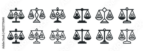 Diverse law scale icons in black and white collection