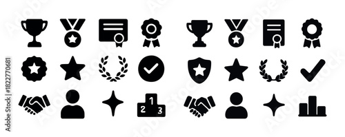 Collection of award icons: trophies, medals, certificates, stars, laurel, podiums, checkmarks