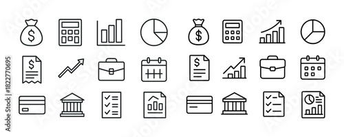 Set of financial and business icons including charts, calculators, and documents